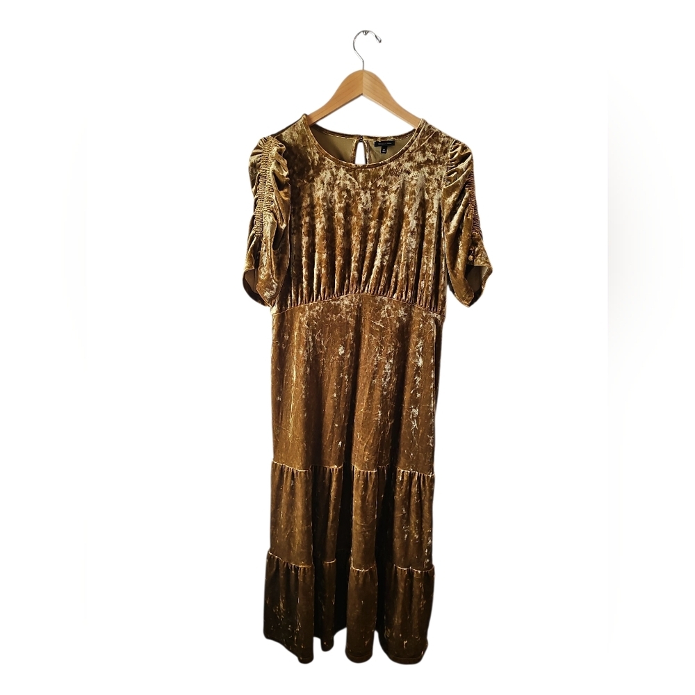WHO WHAT WEAR Gold Crushed Velvet Puff Sleeve Boho Sz Med Tiered Peasant Dress - Picture 2 of 6